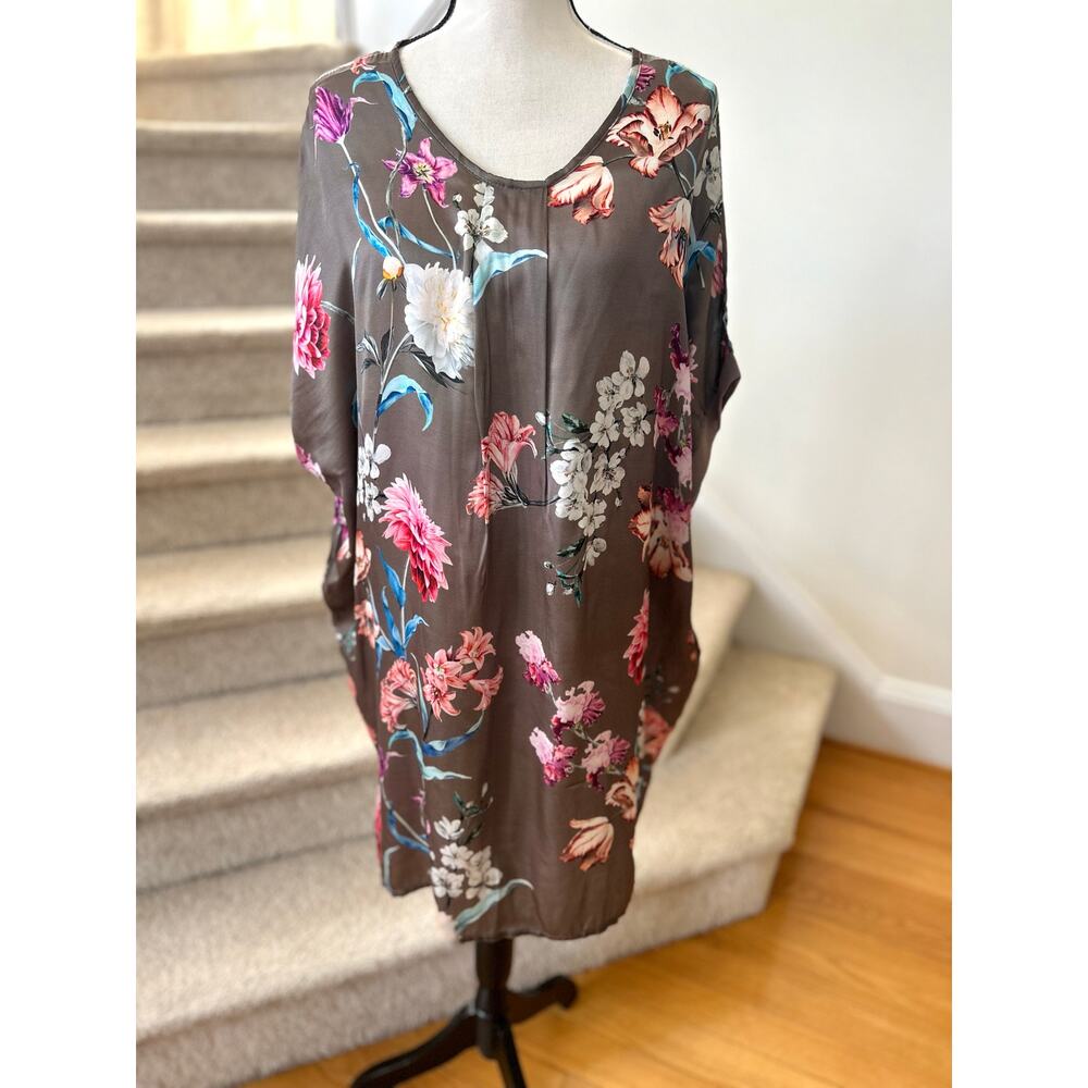 NWT Lola Silk Blend Taupe Brown Grey Pink Floral Tunic Dress